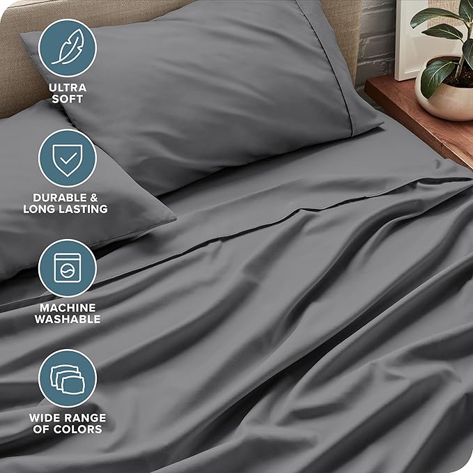 Bare Home Twin Sheet Set - 1800 Ultra-Soft Microfiber Twin Bed Sheets - Double Brushed - Deep Pockets - Easy Fit - Extra Soft - 3 Piece Set - Bedding Sheets & Pillowcases (Twin, Grey)