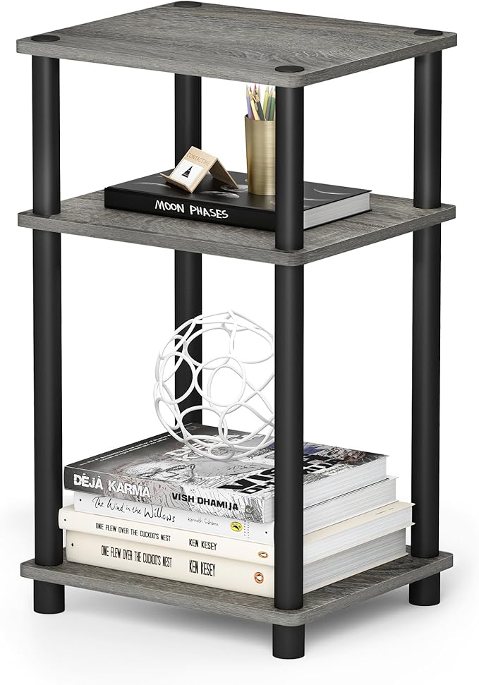 Furinno Just 3-Tier Turn-N-Tube End Table / Side Table / Night Stand / Bedside Table with Plastic Poles, 1-Pack, French Oak Grey/Black