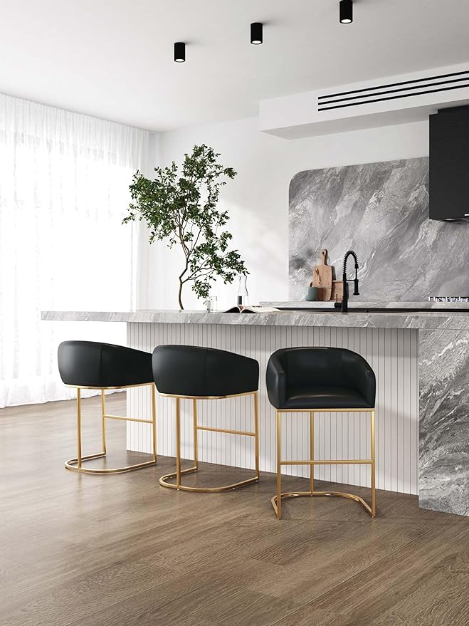 Manhattan Comfort Louvre 26 Inch Mid Century Modern Counter Height Bar Stools - Elegant Faux Leather Padded Seat, Stainless Steel Base with Footrest, Fully Assembled Barstools, Set of 3, Black & Gold