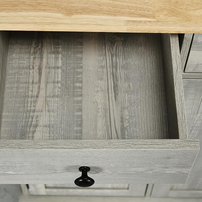 HOMCOM Sideboard with Solid Wood Countertop, Modern Kitchen Storage Cabinet, Coffee Bar Cabinet with 3 Drawers, Doors and Adjustable Shelf, Distressed Light Gray