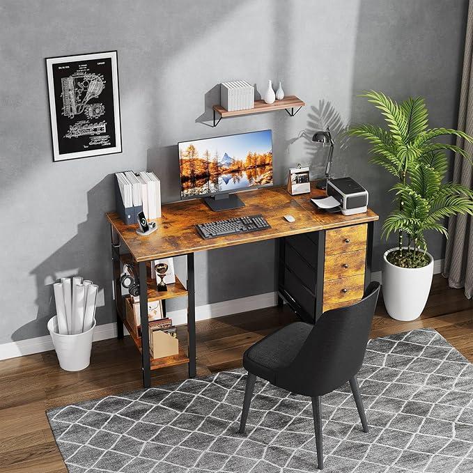 Lufeiya 47 inch Desk with 4 Drawers & Storage Shelves, Writing Work Study Computer Desk for Home Office Bedroom, Modern Simple Student PC Desks Table, Rustic Brown
