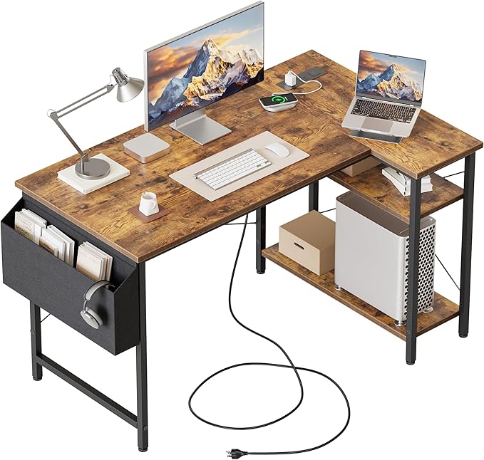Small L Shaped Computer Desk with Power Outlets, Gaming Desk for Small Spaces, Corner Desk with Reversible Storage Shelves, Study Writing Table for Home Office (Socket, Rustic Brown, 48 inch)