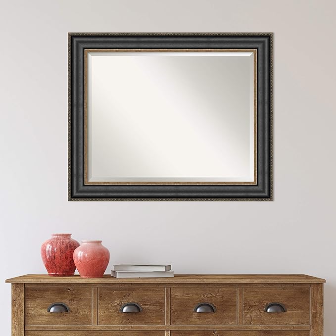 Amanti Art Black Bathroom Mirror for Over Sink, 28x34 Thomas Black Bronze Rectangle Vanity Mirror, Large Traditional Frame, Hangs Horizonally and Vertically, Bathroom Wall Decor, Beveled Edge