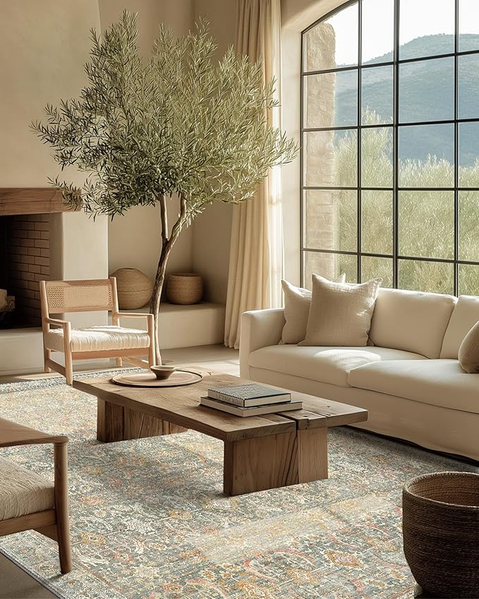 9X12 Area Rugs Machine Washable Rugs for Living Room, Vintage Boho Large Rugs for Bedroom Dining Room, Non Slip Indoor Soft Distressed Lightweight Thin Low Pile Carpet, Turmeric