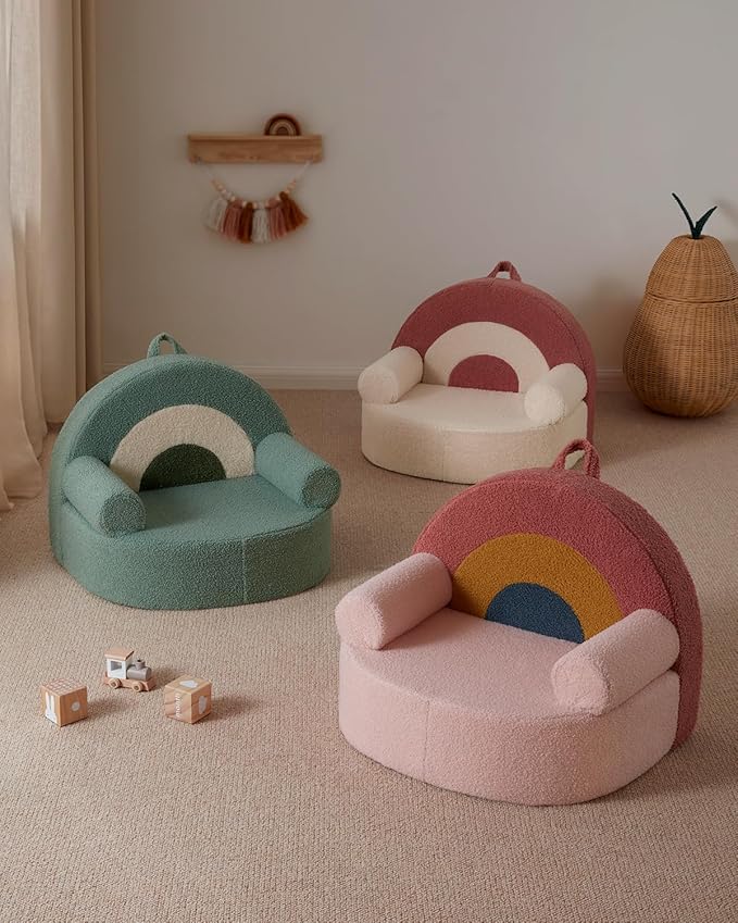 Blissful Diary Toddler Chair Comfy, Foam Kids Chair with Soft Teddy Plush, Toddler Reading Chair with Cute Arclet Designs- Sage Green