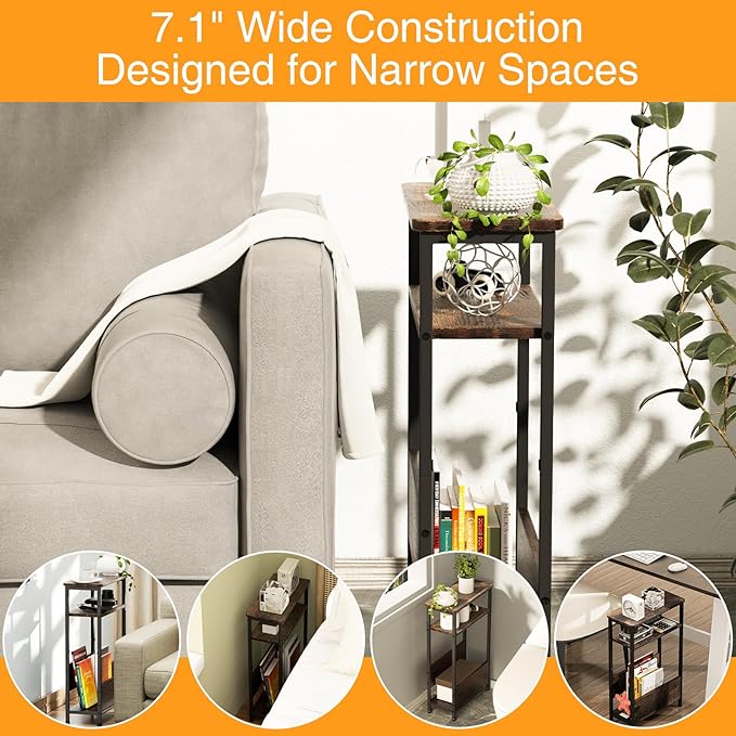 7.1" Narrow Side Table for Small Spaces, 3 Tier Small End Table with Magazine Holder, Slim/Skinny Nightstand/Bedside Table for Living Room, Bedroom, 15.4" L x 24.2" H