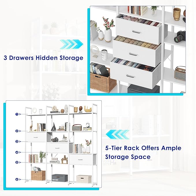 73.6" Tall Bookshelf with 3 Drawers and 16 Storage Shelves, Industrial Bookcase with 16 Open Display Shelves, Large Etagere Bookshelf, Triple Wide Book Shelf Book Case for Home & Office, White