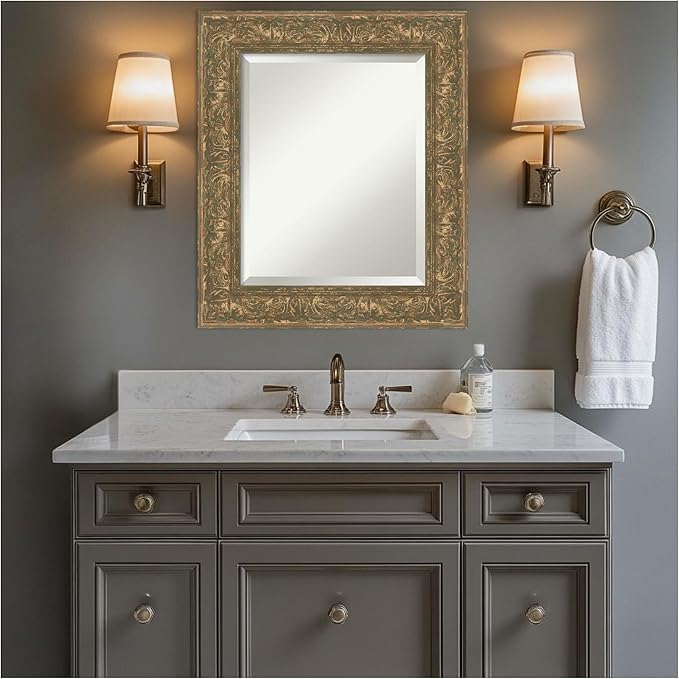 Amanti Art Bronze Bathroom Mirror for Over Sink, 27x23 Luxe Bronze Gold Rectangle Vanity Mirror, Small Traditional Frame, Hangs Horizonally and Vertically, Bathroom Wall Decor, Beveled Edge