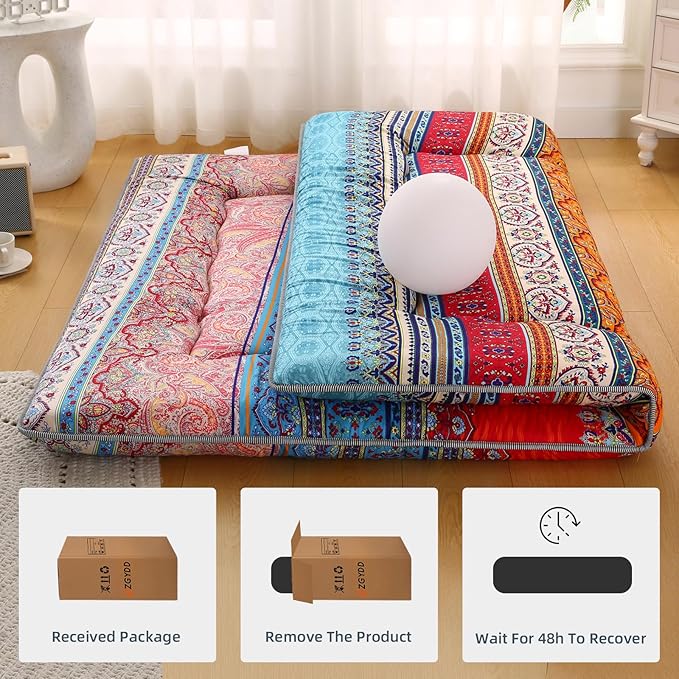 Bohemian Retro Japanese Floor Mattress, Vintage Floral Tatami Floor Mat, Portable Roll up Futon Mattress for Guest,Tavel (C,Queen80 X 60")
