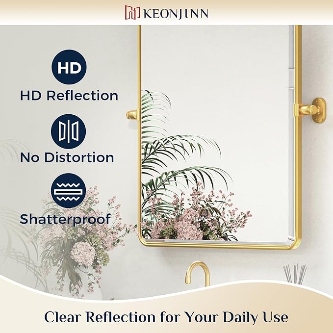 Keonjinn Pivot Mirror Bathroom, 24x30 Inch Gold Tilt Mirror Bathroom for Over Sink, Brushed Gold Framed Mirrors for Bathrooms, Adjustable Beveled Rounded Corner Tilt Wall Mirrors, Horizontal/Vertical