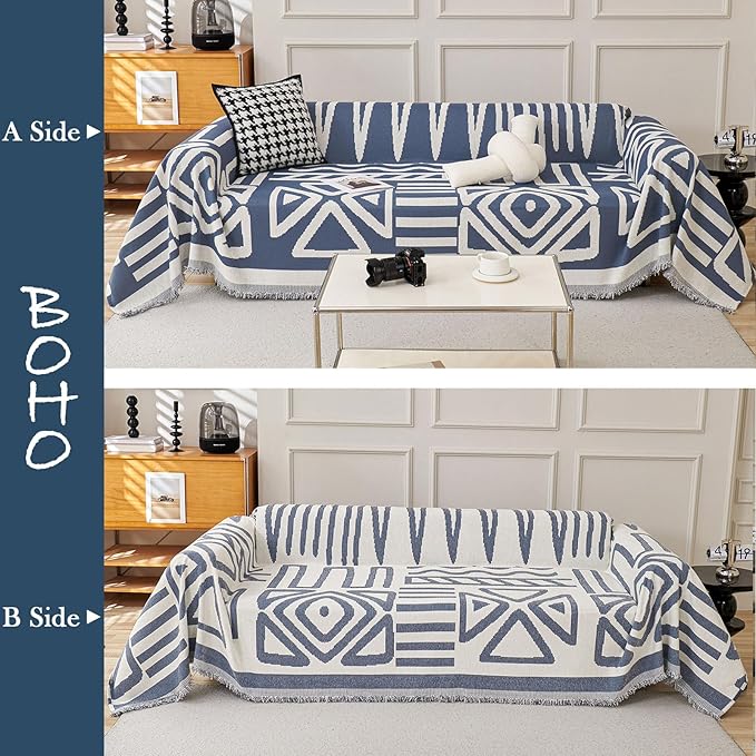 HANDONTIME Boho Couch Covers for Sofa Chenille Sofa Covers Washable Sectional Sofa Cover Blanket Geometric Reversible Couch Cover for L Shaped Couch Couch Protector for Dogs, 71" X118", Denim Blue