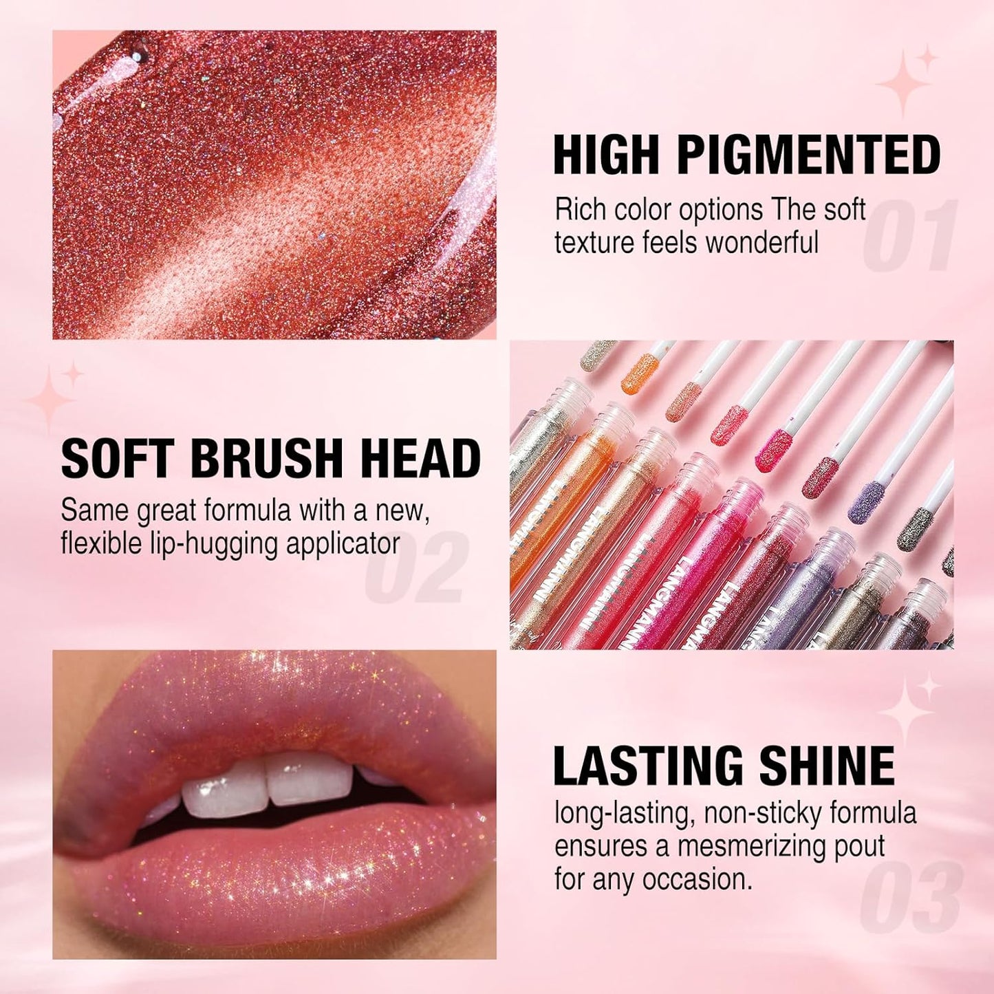 LANGMANNI 6 Colors Diamond Glitter Lip Gloss Set,Long Lasting High Shine Shimmer Liquid Lipstick Set,Hydrating,Moisturizing Lip Gloss Kit Gift Makeup For Girls(#01+02+03+04+05+06)