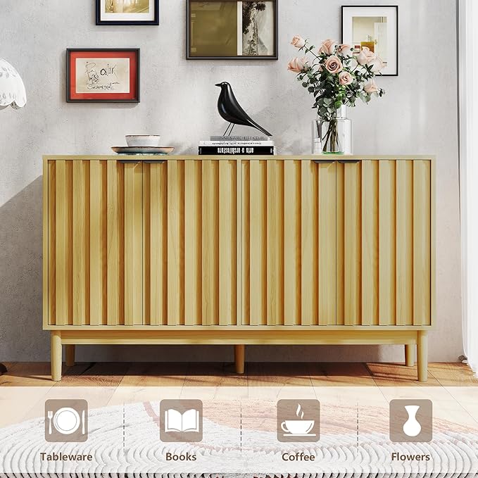 Buffet Cabinet with Storage, Sideboard Cabinet with Fluted Door, Kitchen Buffet Storage Cabinets with Adjustable Shelves, Sideboard Cabinets for Living Room, Entry, Hallway, Natural