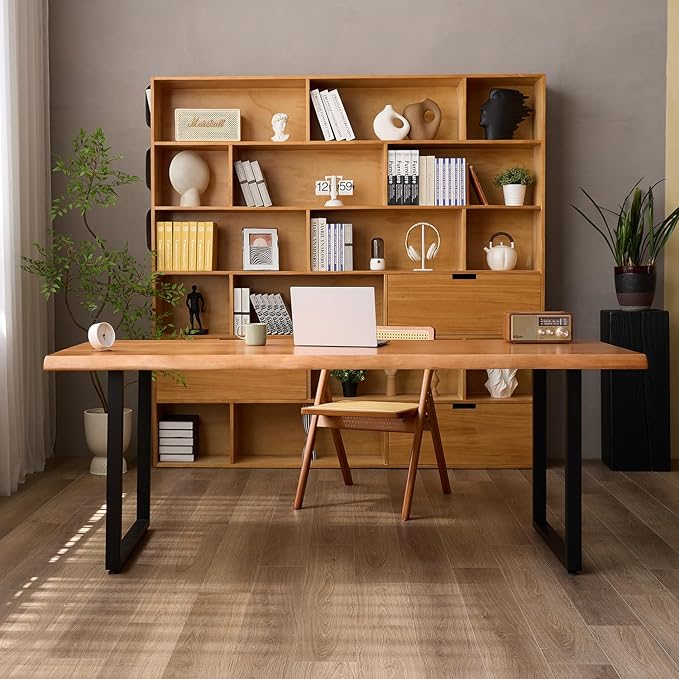 Stylish Solid Wood Office Desk with Sturdy Metal Base - Durable Multi-Size Executive Computer & Dining Table - Perfect for Home Office & Work Environments (Brown, 62.99in)
