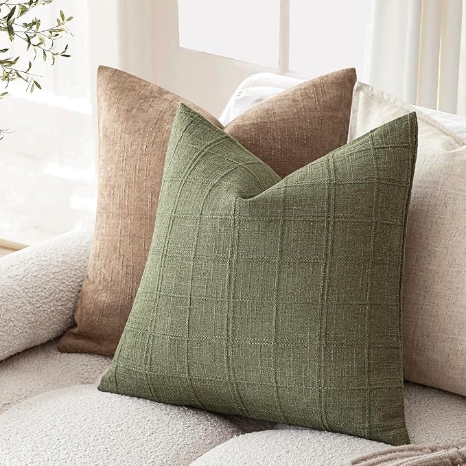 Foindtower Set of 2 Decorative Linen Check Throw Pillow Covers Neutral Farmhouse Vintage Cushion Covers Modern Boho Home Decor for Sofa Chair Couch Bedroom Living Room Outdoor,24×24 Inch,Sage Green