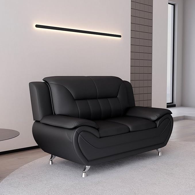 Container Furniture Direct Michael Modern Faux Leather Upholstered Stainless Steel Legs Living Room, Chair, Loveseat, Sofa, Soft Beige/Black