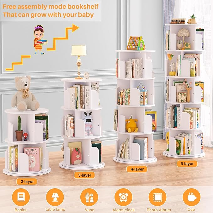 Aheaplus Rotating Bookshelf, 360 Display Wood Spinning Bookshelf Tower, 5 Tier Floor Standing Bookcase Storage Rack, Revolving Bookcase Corner Bookshelfs for Small Space, Bedroom, Study Room, White