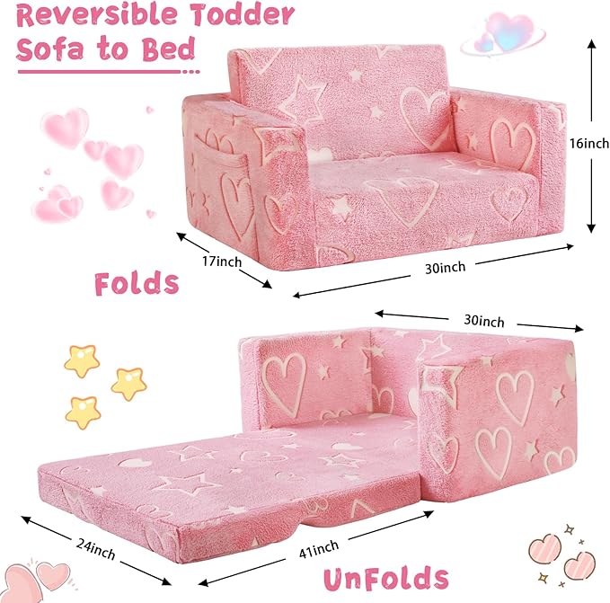 Toddler Chair Comfy,2-in-1 Soft Toddler Couch Fold Out for Kids,Convertible Sofa to Lounger,Gift for Girls and Boys Birthday,Heart,Large