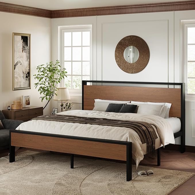 Allewie King Size Platform Bed Frame with Wooden Headboard and Footboard, Heavy Duty 12 Metal Slats Support, No Box Spring Needed, Under-Bed Storage, Noise Free, Easy Assembly, Walnut