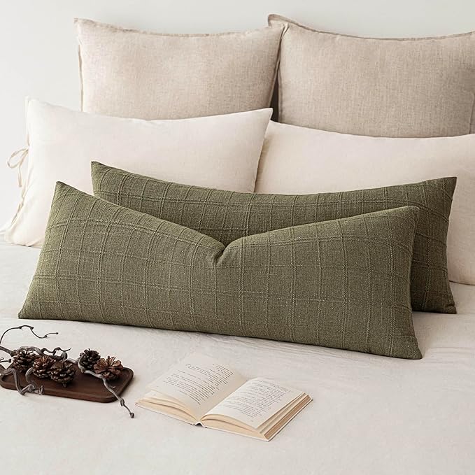 Foindtower Set of 2 Decorative Linen Check Throw Pillow Covers Neutral Long Body Lumbar Cushion Covers Farmhouse Vintage Boho Home Decor for Sofa Chair Couch Bedroom Living Room,14×36 Inch,Sage Green