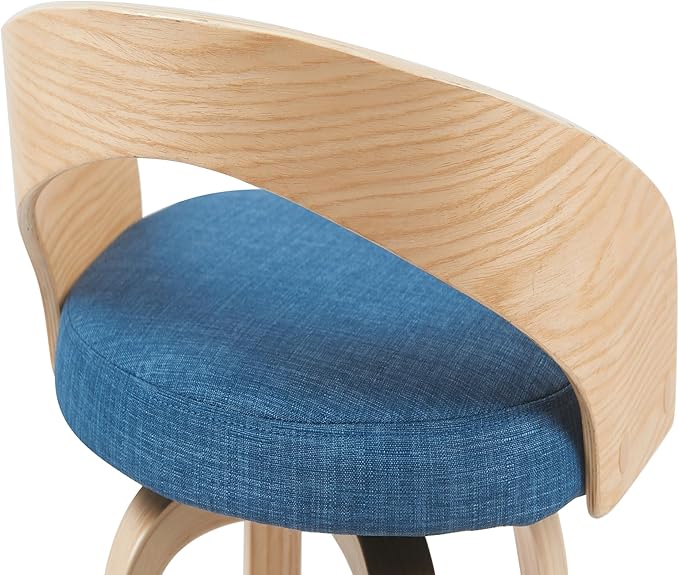 Sonia Modern Swivel Bar Height Stool with Blue Upholstered Seat and Patterned Oak Wood Finish Set of 3