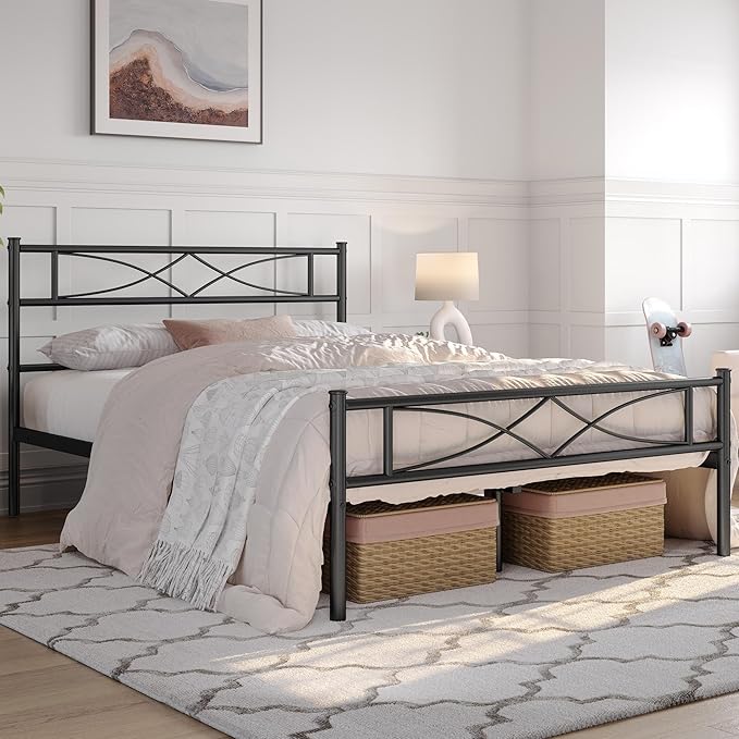 Yaheetech Metal Queen Platform Bed Frames Mattress Foundation with Storage/Curved Design Headboard/NO Box Spring Needed/Heavy-Duty Support/Easy Assembly, Queen, Black