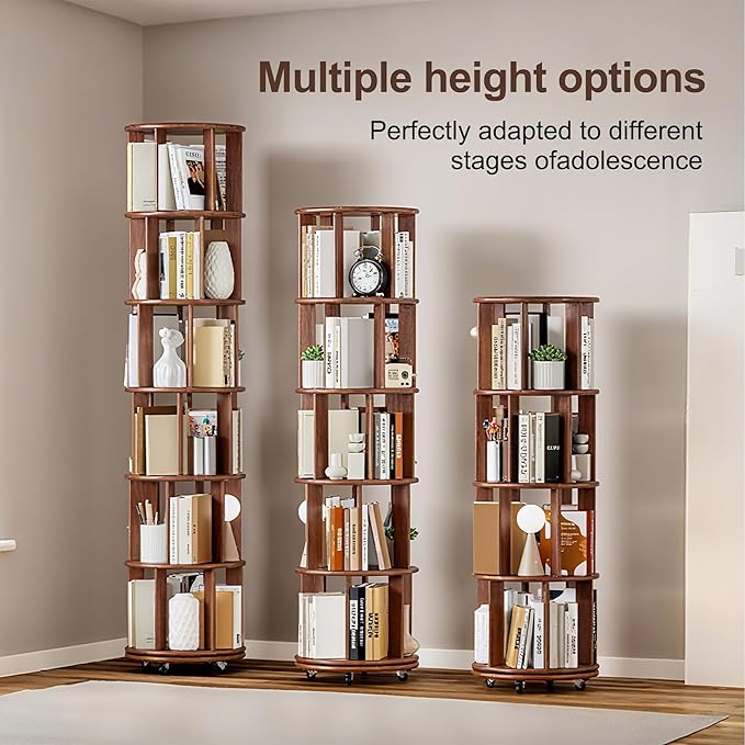 KEIKI Solid Wood 4 Tier Rotating Bookcase, Round Revolving Bookshelf with Lockable Wheels, Space Saving Wide Book Rack for Corner, Office, Bedroom, Walnu