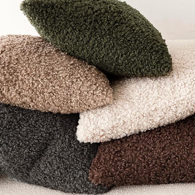 Foindtower Set of 2 Curly Teddy Wool Pillow Covers Decorative Boucle Textured Lumbar Throw Pillow Faux Fur Sherpa Pillowcases Sheepskin Fuzzy Cushion Case for Sofa Bedroom Car 12"x20" Cream Beige