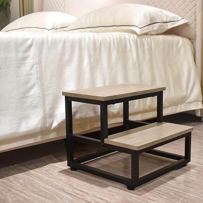 Step Stool, Wood and Metal Step for Adults Kids, Bedside Stepping Stool for High Bed with Round Corners, 2 Steps Foot Stool for Kitchen Bedroom, Load 500 LB, Beige