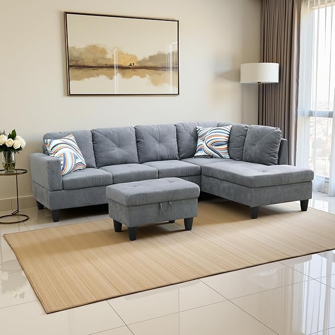 Couches for Living Room Modern L Shaped Couch Comfy Flannelette Fabric 3 Pieces Sectional Sofa with Chaise, Ottoman with Storage for Office and Small Apartment, Dark Grey