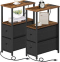 TUTOTAK Small Narrow End Table with Charging Station, Set of 2, Side Table with Outlets, Nightstand with 2 Cloth Drawers, Couch Table, for Living Room, Bedroom, Bedside, Brown and Black TB01BB055K