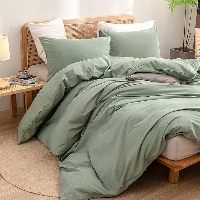 BESTOUCH Duvet Cover Set 100% Washed Cotton Linen Feel Super Soft Comfortable Chic Lightweight 3 PCs Home Bedding Set Solid Green Cal King