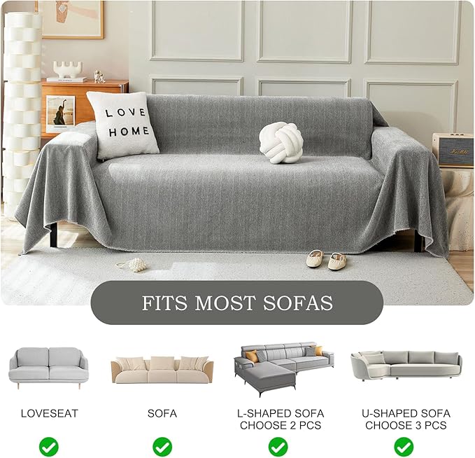 STACYPIK Chenille Sofa Cover for Dogs, Washable Dark Gray Couch Cover for Pets, Non Slip Couch Covers for L Shape, Furniture Protector for 3 Cushion Couch with Tassels,Sofa Throw Blankets-71X134IN