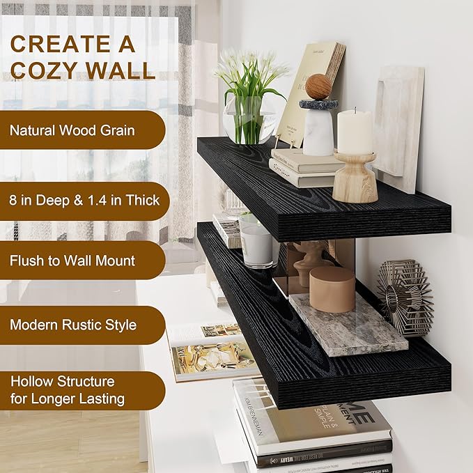 30 Inch Floating Shelves, Rustic Floating Wall Shelves 8 Inch Deep, 30 x 8 Floating Shelves for Home Decor, Deep Display & Storage Shelves for Kitchen, Bathroom, Living Room, Black Color, Set of 2