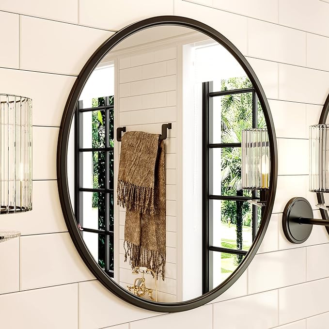 Growsun 20'' Black Round Mirror, Circle Wall Mirror for Bathroom Vanity, Entryway Living Room with Metal Frame for Home Decor