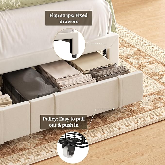 Full Bed Frame with Storage Drawers, Upholstered Platform Bed with Headboard and Wingboard, No Box Spring Needed, Noise Free, Easy Assembly, Wooden Support Slats, Beige