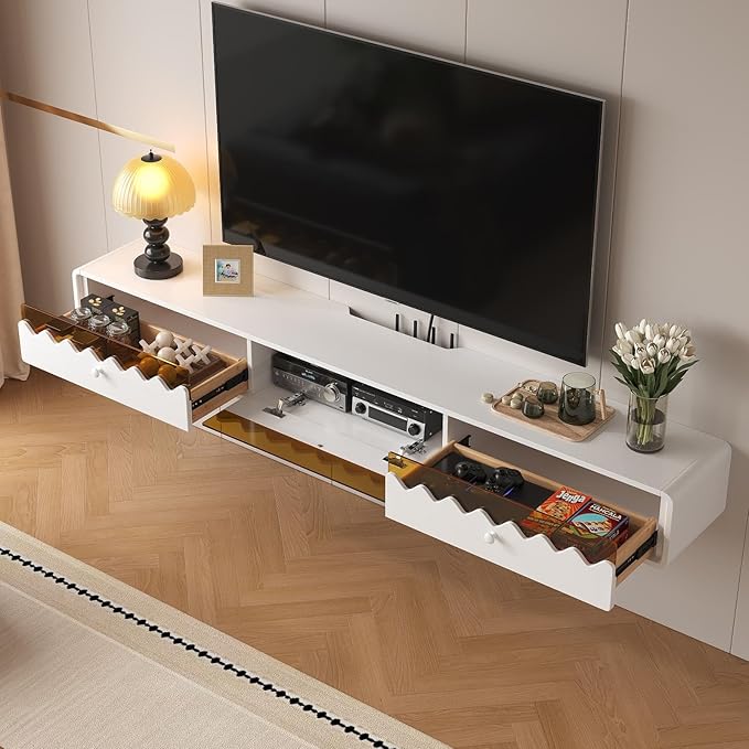 Floating TV Stand, 86IN Fully-Assembled Wall Mounted Wave Glass with Flip-Down Door & Drawers, Modern Media Entertainment Console Under TV Shelf for Livingroom