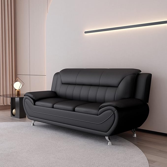 Container Furniture Direct Michael Modern Faux Leather Upholstered Stainless Steel Legs Living Room Sofa, Loveseat, Midnight