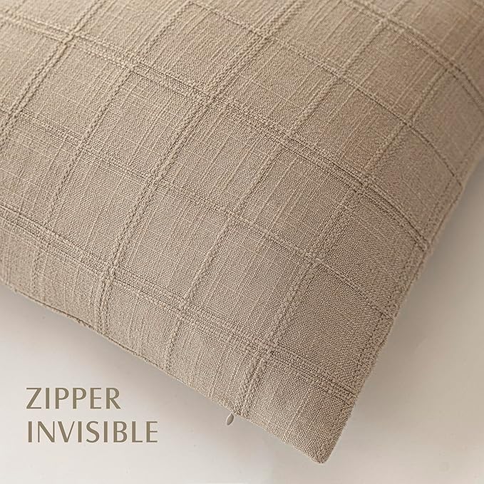 Foindtower Set of 2 Decorative Linen Check Throw Pillow Covers Neutral Farmhouse Vintage Cushion Covers Modern Coastal Boho Home Decor For Sofa Chair Couch Bedroom Living Room Outdoor,26×26 Inch,Camel