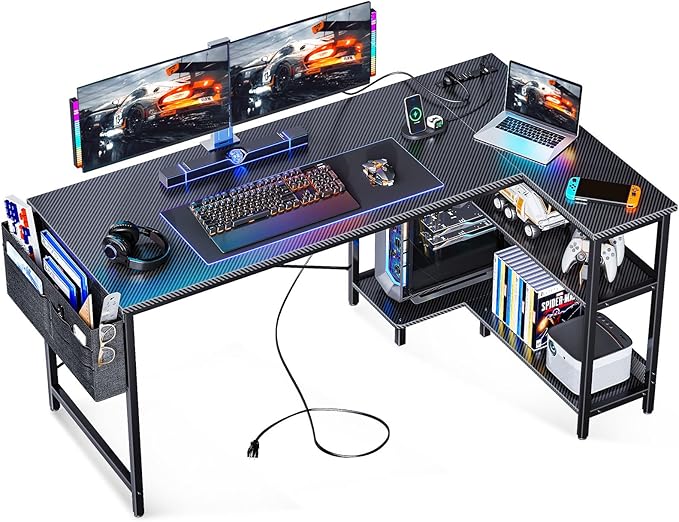 ODK 55 Inch L Shaped Gaming Computer Desk with Power Outlets, Corner Desk with Reversible Storage Shelves & PC Stand for Small Space, Modern Simple Home Office Table, Carbon Fiber Surface, Black
