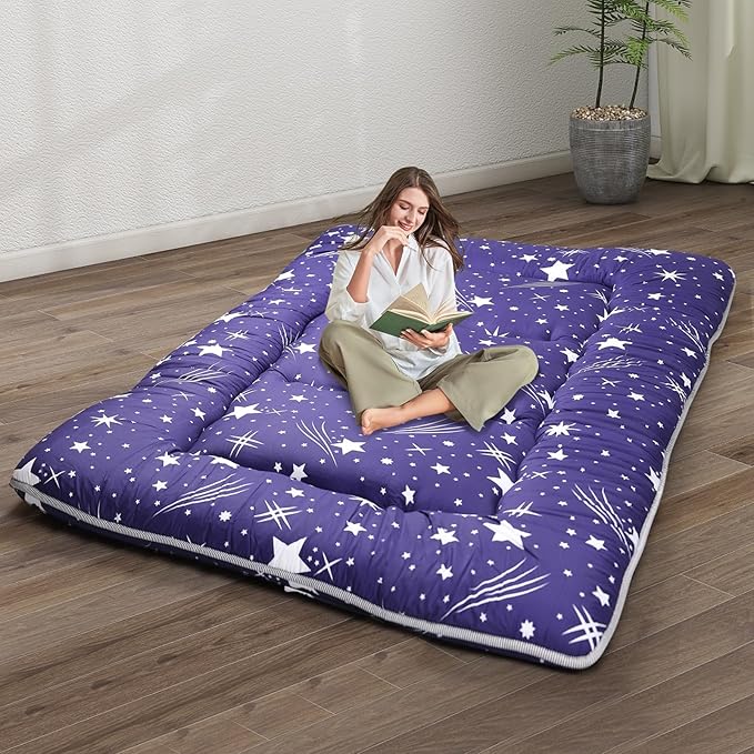 Japanese Floor Mattress,4" Thicken Japanese Floor Sleeping Pad Foldable,Futon Mattress Suitable for Camping and Guest Room (Blue, Full (80" X 47"))