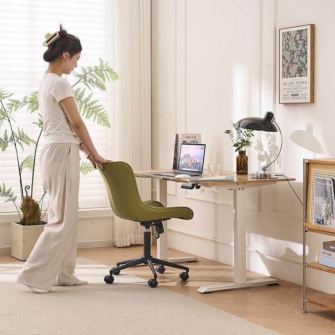 YOUNIKE Ergonomic Home Office Desk Chair with Wheels Comfy Armless Criss Cross Chair with Back Adjustable Modern Leather Upholstered Swivel Vanity Chair Small Cute Rolling Task Chair Avocado Green