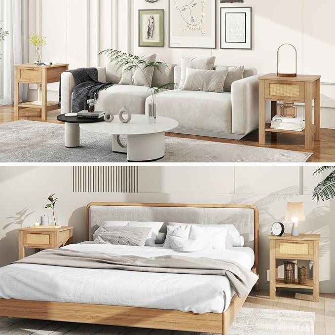IBUYKE Rattan Nightstand Set of 2, Boho Night Stand with Drawer, Wood Bedside Tables with Storage Shelf, End Table with Legs for Bedroom, Natural UWNS011N-2