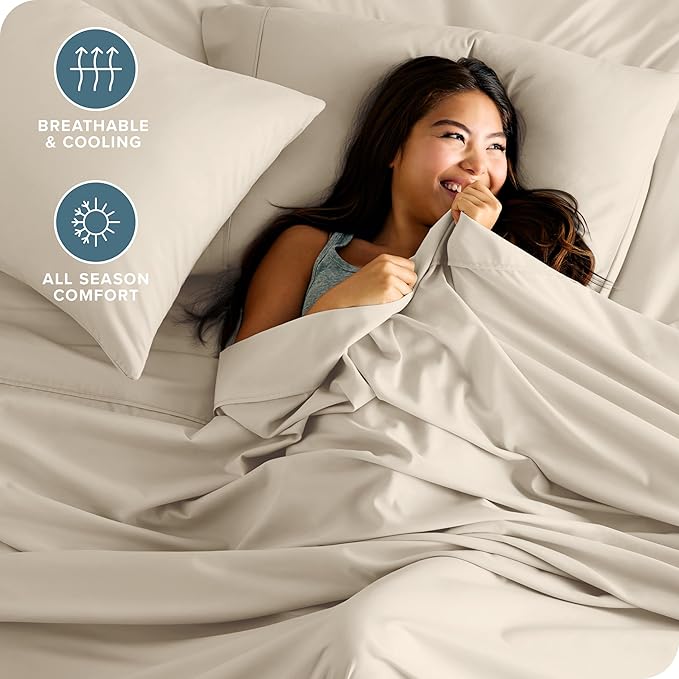 Bare Home Short Queen Sheet Set - 1800 Ultra-Soft Microfiber - Double Brushed - Deep Pockets - Easy Fit - 4 Piece Set - Bed Sheets (Short Queen, Sand)