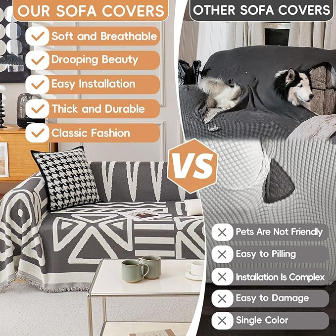 STACYPIK Dark Grey Chenille Couch Covers, Boho Sofa Covers for 2 Cushion Couch, Loveseat Couch for Sectional, Non Slip Couch Cover Tassels for L-Shaped, Multi-Use Jacquard Decorative Blanket-71X118IN