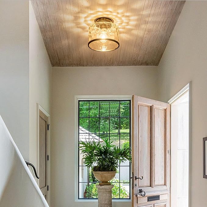 Glass Ceiling Light, Black Semi Flush Mount with Hammered Glass Shade, Farmhouse Light Fixture for Hallway, Bathroom, Entryway, Kitchen,Living Room