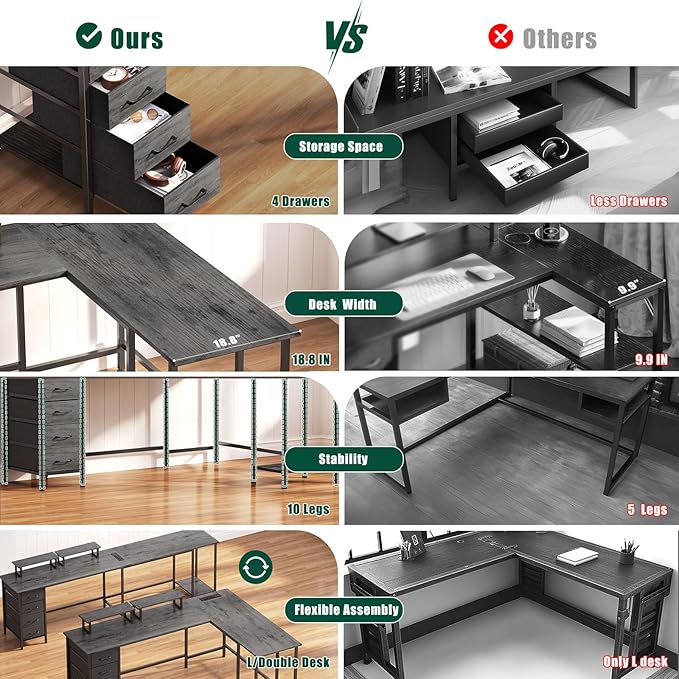 66" L Shaped Computer Desk, 94.4'' Home Office Desk with Power Outlets, 4 Adjustable Storage Drawers & 2 Monitor Stands, Large Two Person Gaming Table for Writing Study, Grey