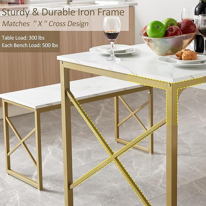VECELO Kitchen Table with 2 Benches for 4, Wood Dining Room Dinette Sets with Metal Frame for Breakfast Nook and Small Space