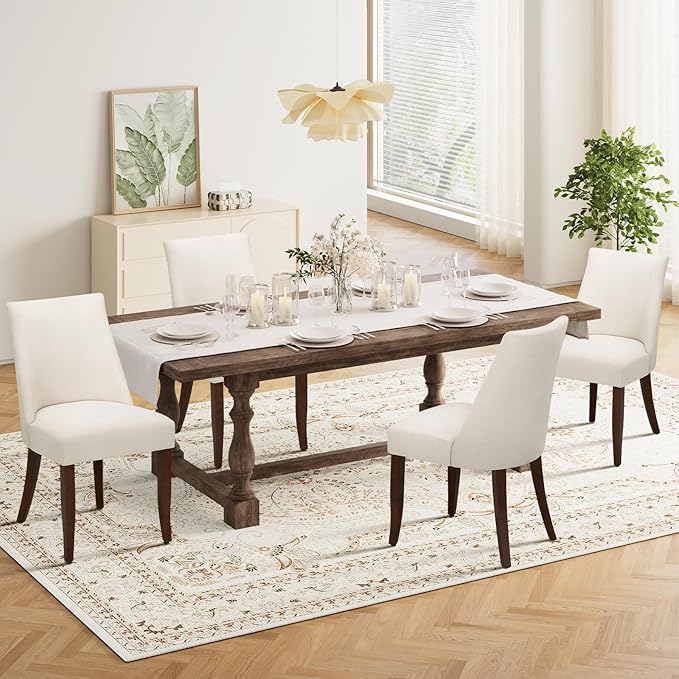 COLAMY Upholstered Dining Chairs Set of 4, Mid Century Modern Kitchen Chairs with Back, Farmhouse Fabric Side Dining Room Chairs with Wood Legs for Dining Room Restaurant, Beige