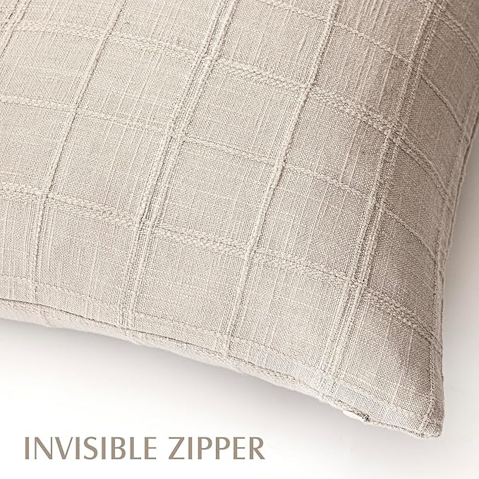 Foindtower Set of 2 Decorative Linen Check Throw Pillow Covers Neutral Farmhouse Vintage Cushion Covers Modern Boho Home Decor For Sofa Chair Couch Bedroom Living Room Outdoor,24×24 Inch,Natural Linen
